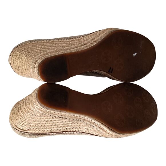 Tory Burch Jackie Espadrille Wedge Sandal Shoe Bow Peep Toe Beige Canvas 8.5 B - Picture 9 of 11